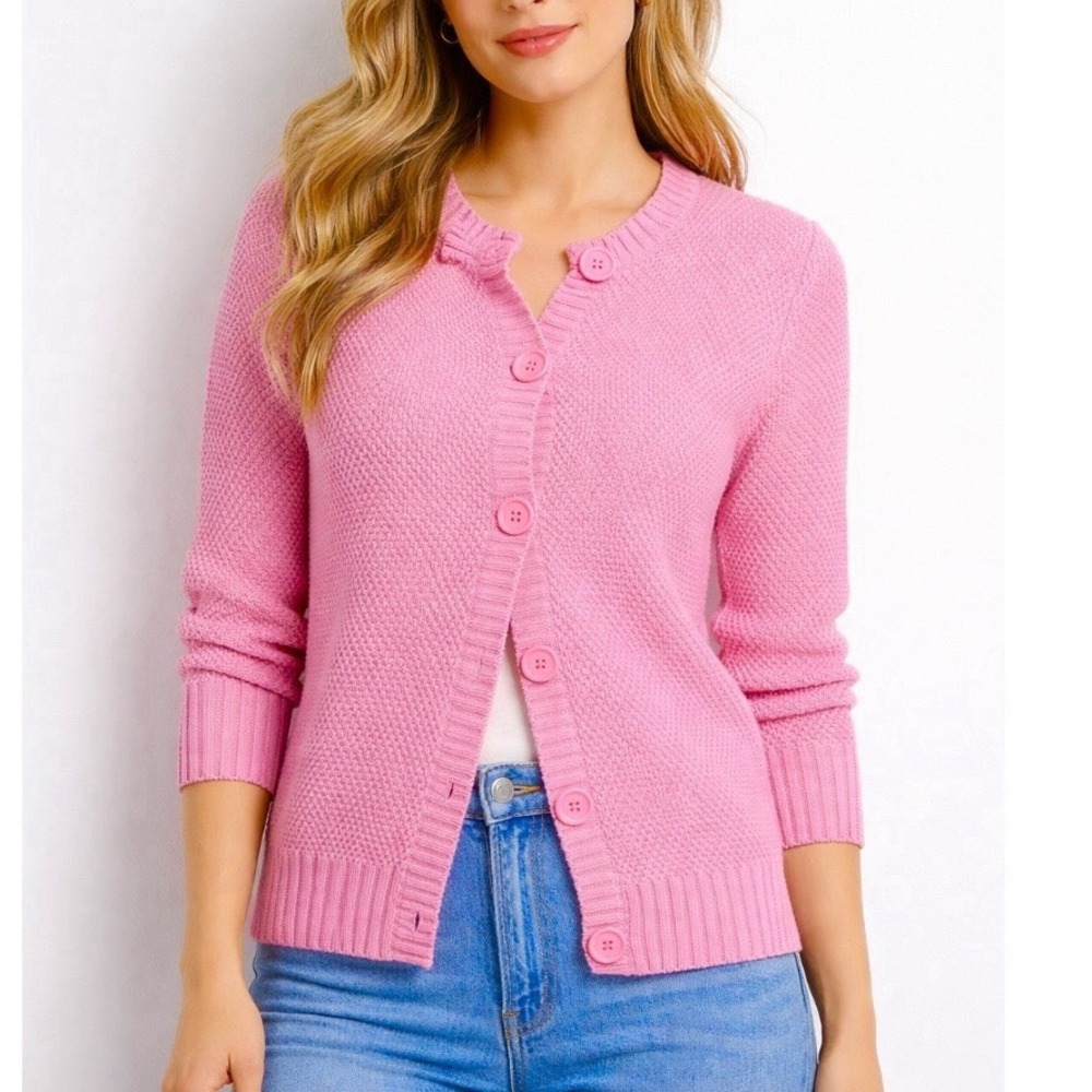 LL Bean Pink 3/4 Sleeve Crew Neck Button Cotton Cardigan Sweater Size MEDIUM